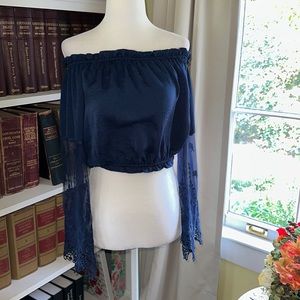 NWT Junior’s Navy Blue Cropped Off Shoulder Top With Lace Bell Sleeves